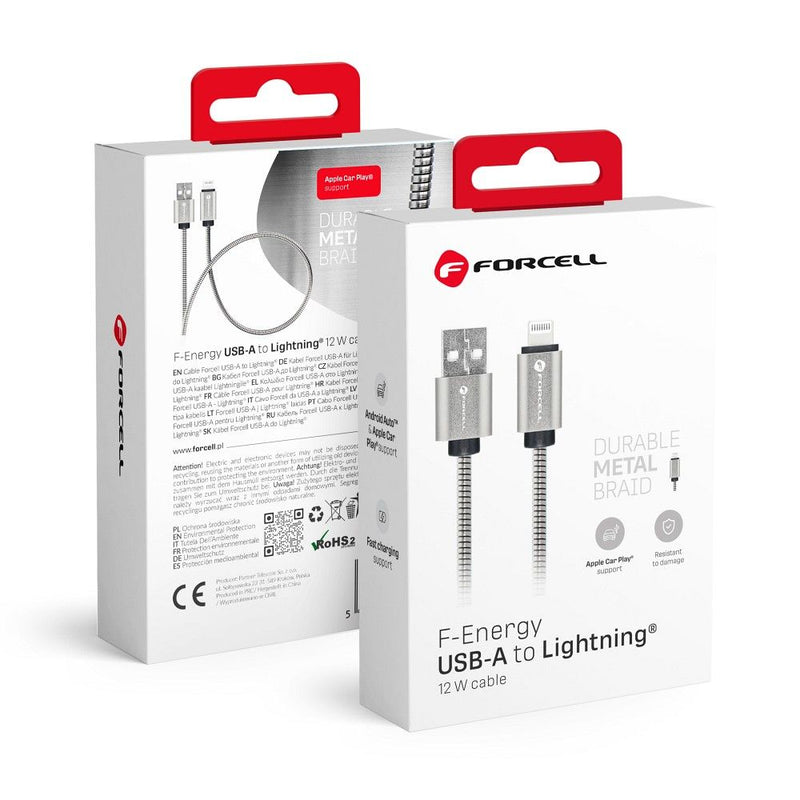 FORCELL F-Energy cable USB to iPhone Lightning 8-pin 2,4A 12W Metal C236 1m silver