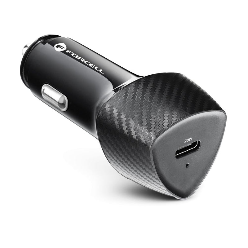 Forcell Carbon car charger Type C 3.0 PD20W CC50-1C black (Total 20W) + cable for Apple Lightning 8-pin PD20W