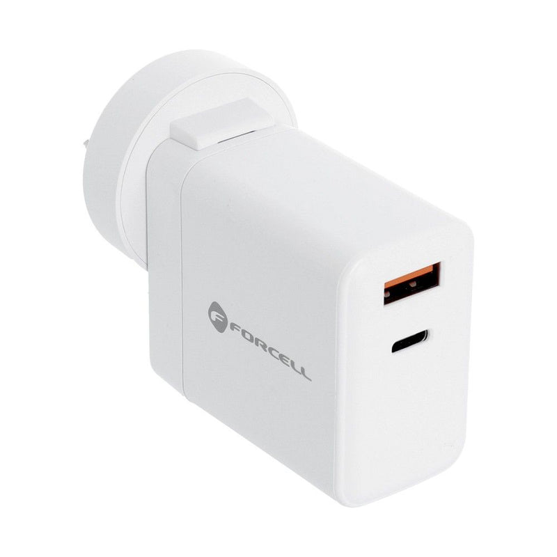 Forcell Travel Charger 3in1 with USB C and USB A sockets - 3A 45W with PD and QC 4.0 function with changeable plugs