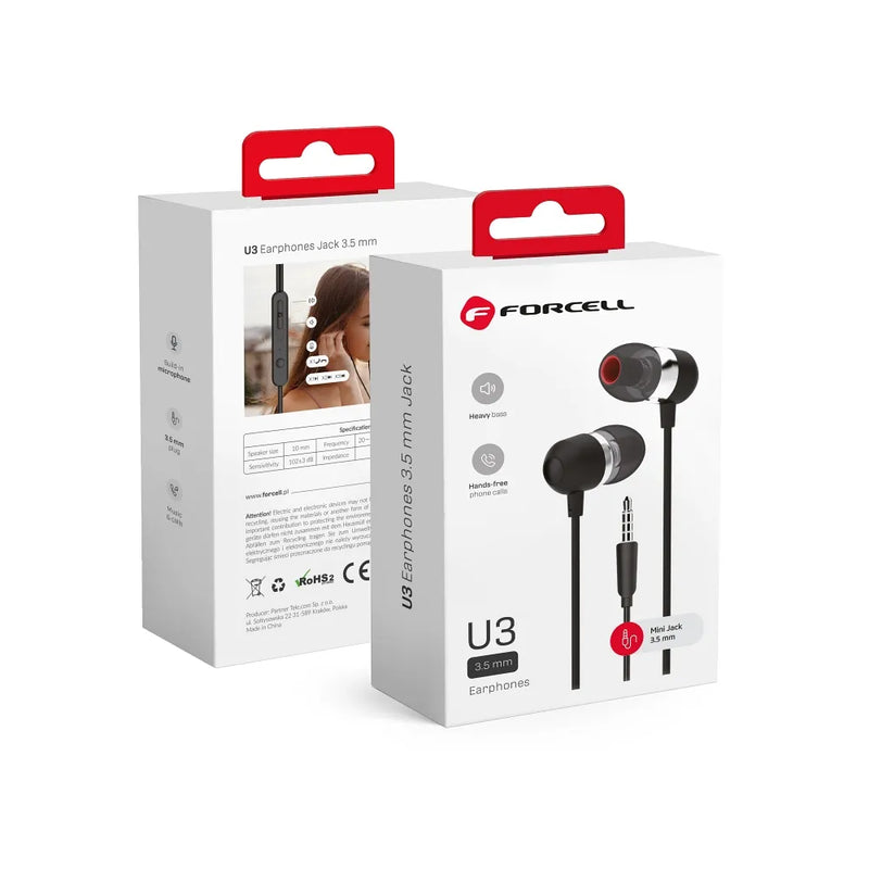 Premium Sound Hi-Fi Earphones Forcell U3 mini jack 3,5mm Black - iDevice 