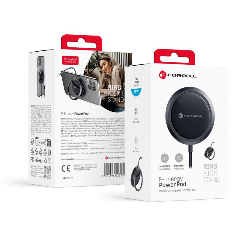 Forcell F-Energy PowerPod wireless charger with ring/kick stand compatible with MagSafe black
