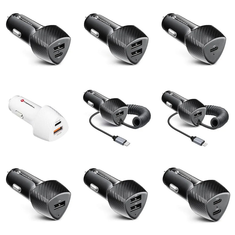 Forcell Carbon car charger USB QC 3.0 18W + cable for Apple Lightning 8-pin PD20W (Total 38W) CC50-1AL - iDevice 