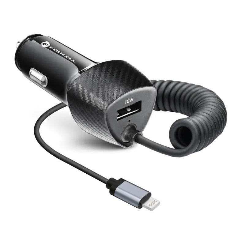 Forcell Carbon car charger USB QC 3.0 18W + cable for Apple Lightning 8-pin PD20W (Total 38W) CC50-1AL - iDevice 